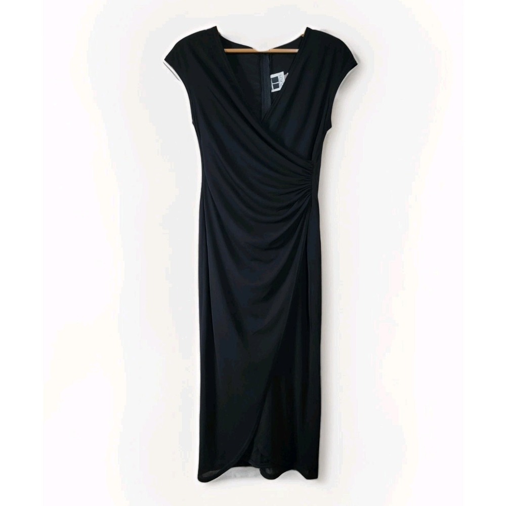 Tadashi Wrap Dress Womens 8 Black Lined Ruched Cap Sleeve Surplice Neck Back Zip